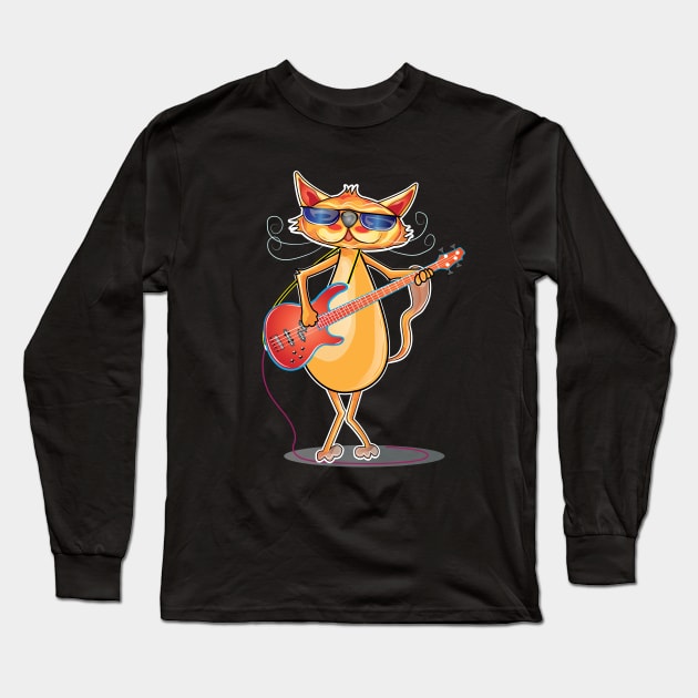 funny cat wearing sunglasses playing bass Long Sleeve T-Shirt by ArticArtac